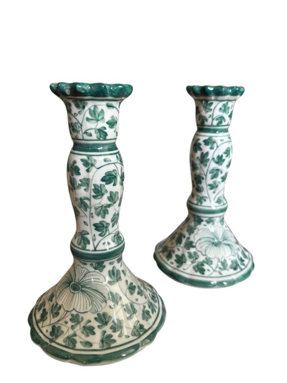 Vintage ceramic green motif botanical floral pattern hand painted candlesticks